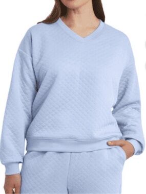 Lands' End Women's Quilted V-Neck Sweatshirt in light blue Sz XL